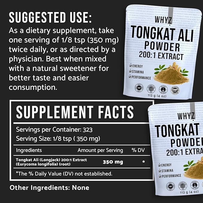 WHYZ Tongkat Ali Powder 113g, Pure Longjack 200:1 Extract Eurycoma Longifolia Supplement Powder for Increased Physical Performance and Well-Being, Longjack Tongkat Ali for Men and Women, 323 Servings