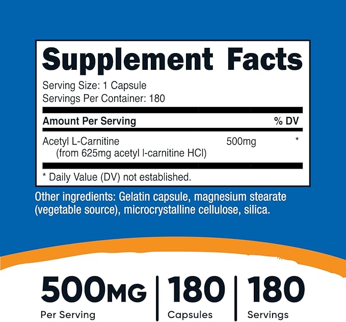 Nutricost Acetyl L-Carnitine (ALCAR) 500mg, 180 Capsules, 180 Servings - Non-GMO and Gluten Free, 1 Capsule per Serving