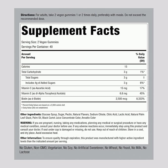 Piping Rock Hair Skin and Nails Vitamins | 80 Gummies | 2500 mcg of Biotin | Womens Multivitamin | with Vitamin C and E | Fruit Flavor | Non-GMO, Gluten Free Supplement