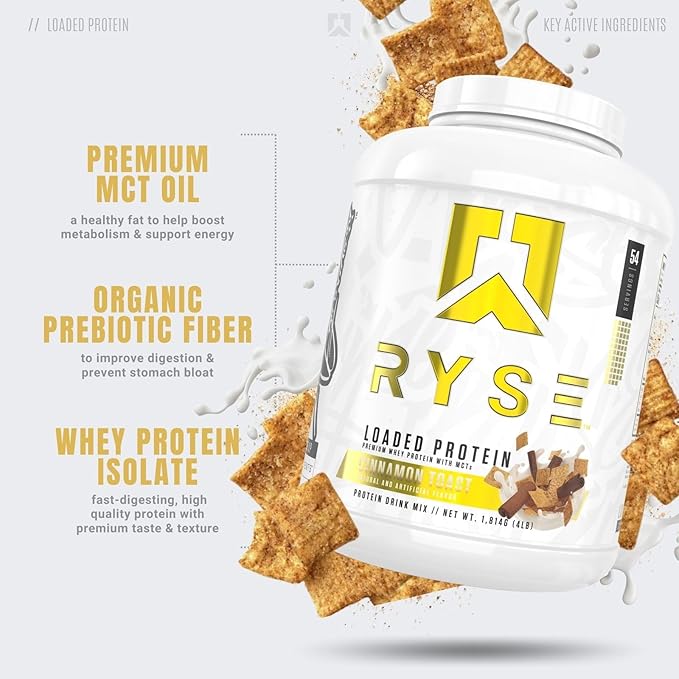 Ryse Loaded Protein Powder - Cinnamon Toast - 25g Whey Protein Isolate & Concentrate with Prebiotic Fiber & MCTs - Low Carb, Low Sugar, Digestive-Friendly - 54 Servings / 4 lb Tub