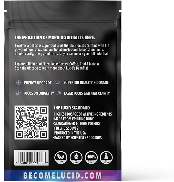 Lucid Sample Size Variety Pack, Nootropic Superfood Drink Mix with Mushrooms, 3 Flavors - Coffee, Matcha, and Chai, Focus and Mental Clarity Support