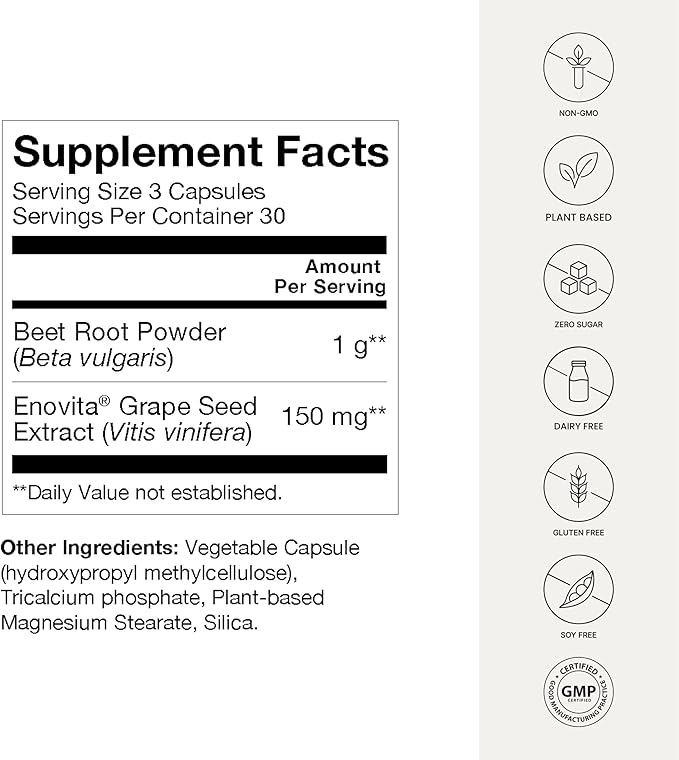 HumanN SuperBeets Beet Root Capsules Quick Release 1000mg, Helps Support Nitric Oxide Production, Blood Pressure, Heart Health, Contains Non-GMO Beetroot Powder, Studied Antioxidants 90 Count