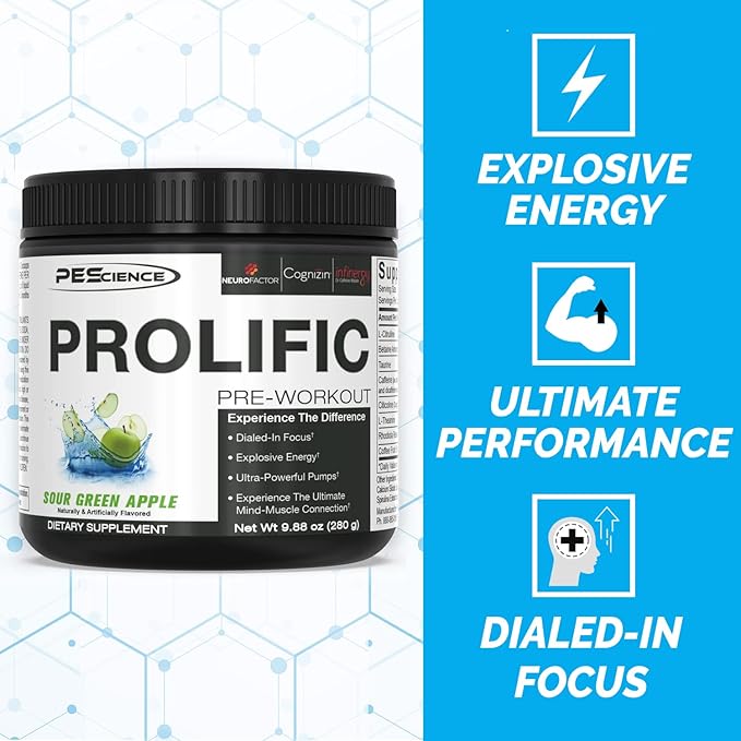 PEScience Prolific Energy Pre Workout – L Citrulline for Nitric Oxide, Rhodiola & CDP Choline Nootropic for Focus – Preworkout for Men & Women – 40 Scoops, Sour Green Apple