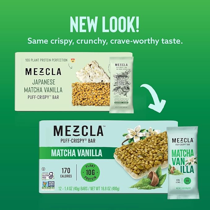 Mezcla Vegan Protein Bars, Gluten Free Snack Made with Pumpkin Seeds, Pea Protein, Organic Vanilla and Other Premium Ingredients, Healthy Snacks, Matcha Vanilla, 10g of Protein, 4 Pack