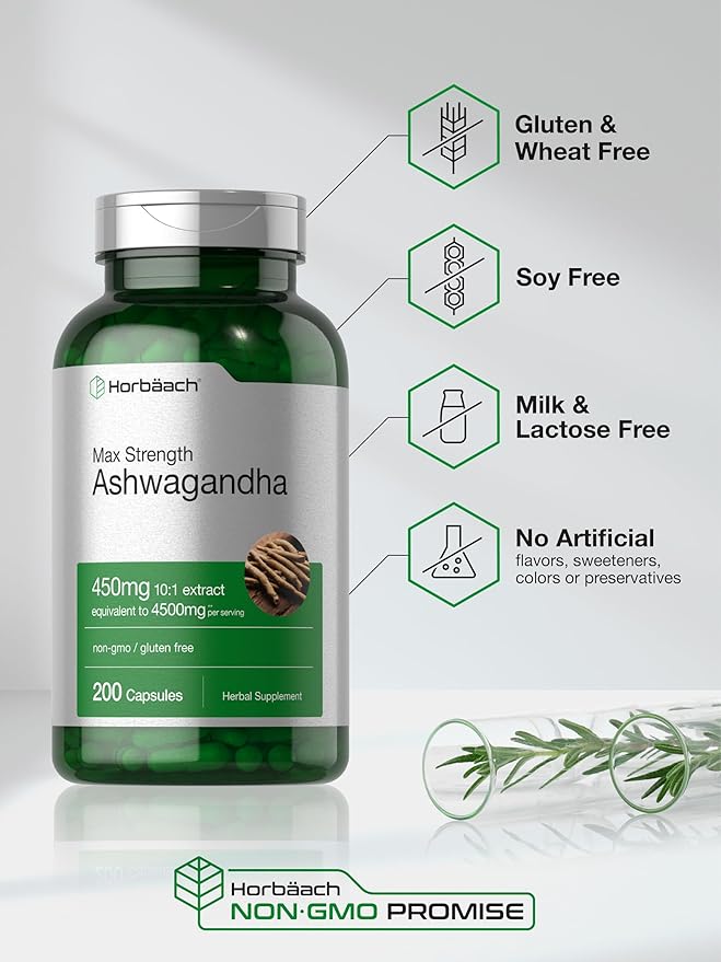 Horbäach Ashwagandha Supplement | Max Strength | 200 Capsules | for Women and Men | Non-GMO, Gluten Free