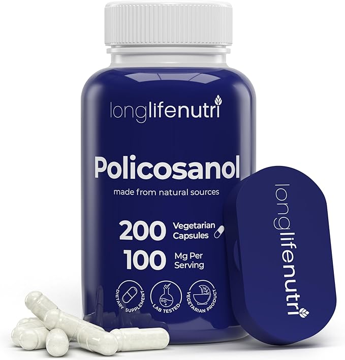 Policosanol 100mg - 200 Vegetarian Capsules, Natural Sugar Cane Supplement for Balanced Cholesterol, 3-Month Supply, Non-GMO, Lab Tested, Made in USA
