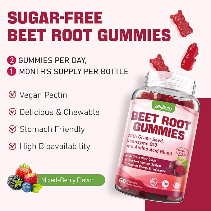 Beet Root Supplements Gummies for Adults - 500 mg Superbeet with CoQ10, Grape Seed & Vitamin C for Men & Women - Sugar Free Beetroot Gummies for Antioxidant, Energy Support