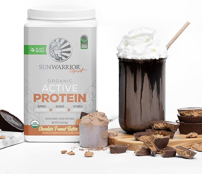 Vegan Protein Powder Plant-Based USDA Organic BCAAs | 27g Protein per Serving | Sugar Free, Gluten Free Non-GMO Dairy Free | Peanut Butter Chocolate Flavored, 20 Servings | Active Sport Protein Powder