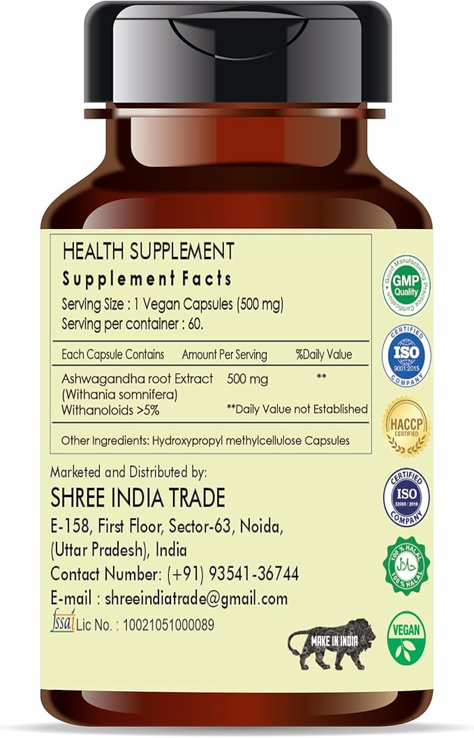 Ashwagandha Root Extract 500mg - 60 Vegetarian Capsules | Withania Somnifera Withanoloids | All Natural | 100% Vegan | Gluten-Free | GMP Certified