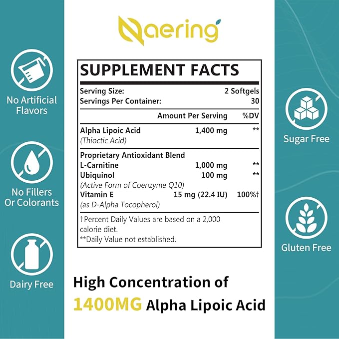 Liposomal Alpha Lipoic Acid 1400mg Softgels, ALA Supplement with L-Carnitine 1000mg, Ubiquinol (Active CoQ10) 100mg and Vitamin E 10mg,Alpha-Lipoic Acid for Antioxidants, Energy 120 Softgels