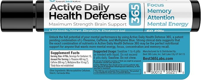 Best 365 Labs Maximum Strength Brain Support - Methylene Blue, Caffeine, and L-Theanine - Improve Focus and Memory - Unlock Your Brain’s Potential - 60 Tablets