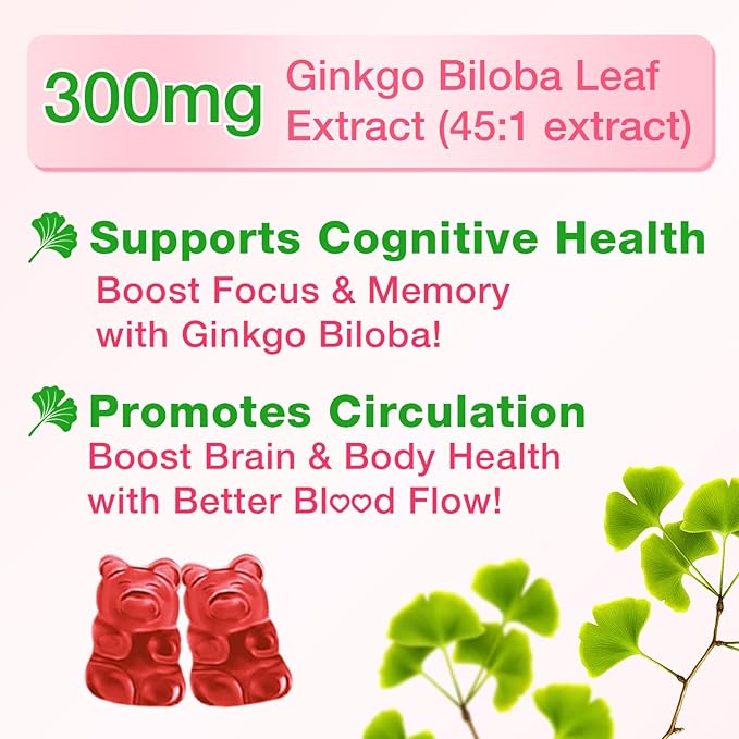 Ginkgo Biloba Gummies with Panax Ginseng and Magnesium, Ginkgo Biloba Supplements for Focus, Memory, and Brain Health for Adults & Kids, Vegan Raspberry Flavor Gummies, 60 Count