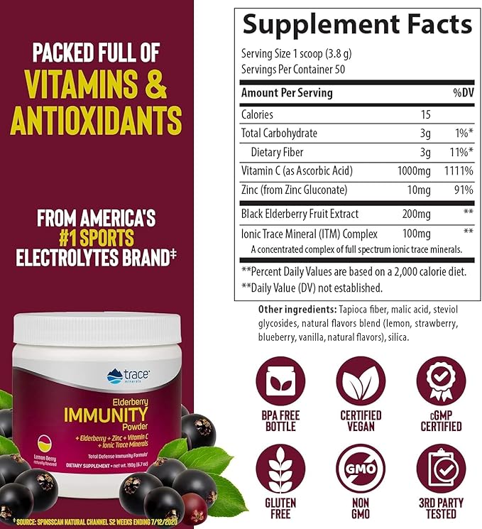 Trace Minerals Elderberry Immunity - Health Support Drink Supplement with Elderberry - Antioxidant Supplement to Support Cell Integrity & Heart Health - Lemon Berry, 6.7 oz (50 Servings)