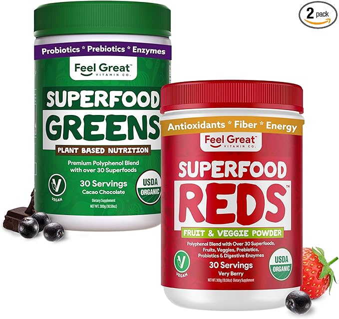 Feel Great USDA Organic Reds & Super Greens Powder Combo (2-Pack) | Over 35+ Greens, Fruits & Veggies, Fiber, Probiotics & Digestive Enzymes | 30 Servings