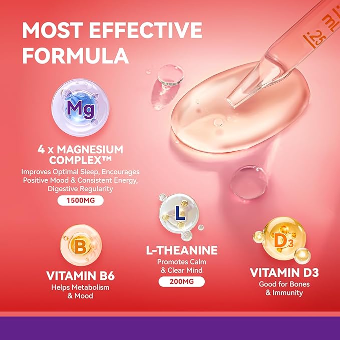 Magnesium Glycinate Liquid Drops 1500mg with Magnesium Citrate & Taurate, L-Theanine, Vitamin D3, B6 - Supports Calm, Sleep, Muscle Relaxation, Leg Cramps & Energy, Strawberry Flavor, 60mL 2 Pack