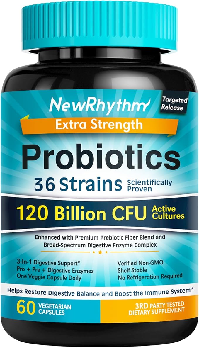 NewRhythm Probiotics 120 Billion CFU 36 Strains, 3-in-1 Probiotics for Digestive Health & Immune Support with Prebiotics & Enzymes, Probioticos for Women & Men, Targeted Release, 60 Veggie Caps