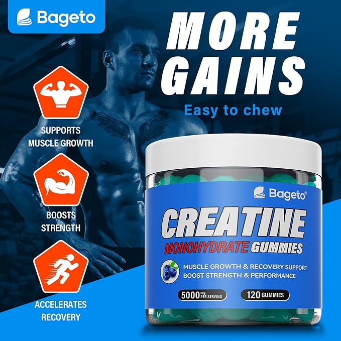 Creatine Monohydrate Gummies 5000mg for Men & Women, Gomitas de Creatina 5g Creatine Monohydrate,0g Sugar Chewables Creatine Pre-Workout for Muscle Strength, Vegan (Strawberry and Blueberry)