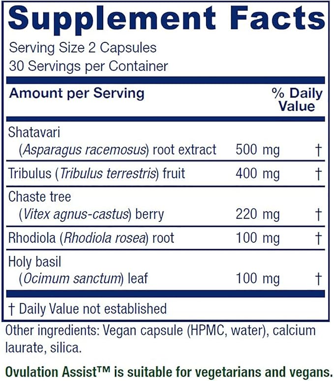 Vitanica Ovulation Assist - Ovarian Health & Adrenal Support with Rhodiola Rosea, Holy Basil, Tribulus Terrestris & Chaste Tree - Herbal Dietary Supplement - Pro Logo - 60 Vegan Caps