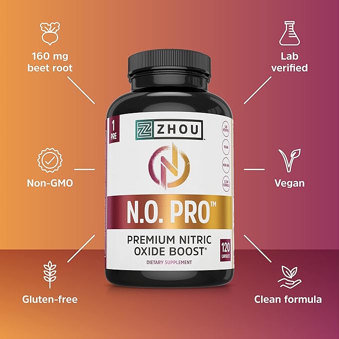 Zhou N.O. Pro - Premium Nitric Oxide Supplement for Men & Women, Heart, Muscle & Blood Support with Beet Root & L Arginine, Natural Nitric Oxide Booster - 120 Veggie Capsules