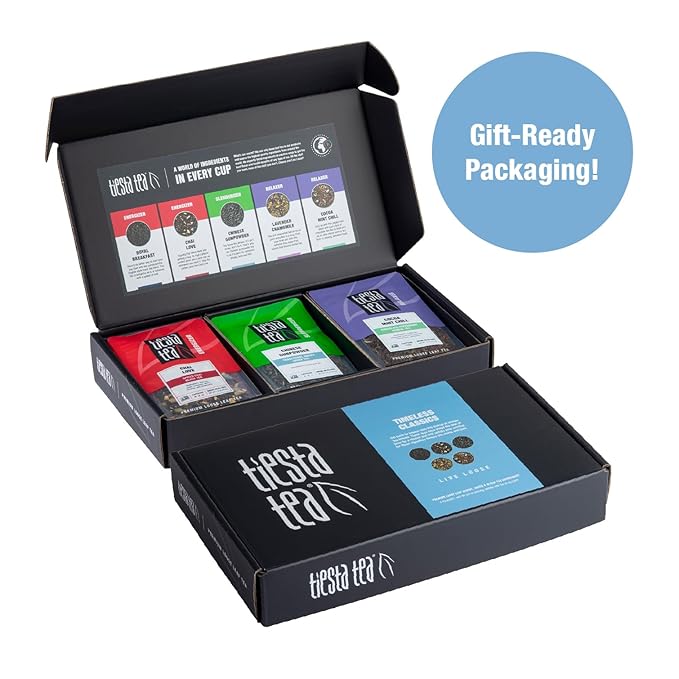 Tiesta Tea - Classic Tea Loose Leaf Father’s Day Tea Gift Set Sampler | High to No Caffeine | Hot & Iced Ready | Assorted English Breakfast, Green, Chai, Lavender & Herbal Blends | 5 Pouches