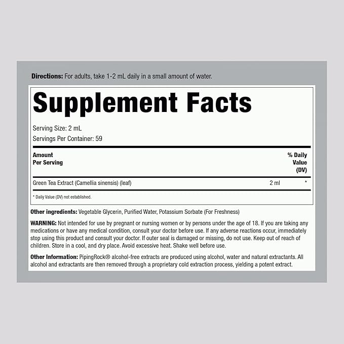 Piping Rock Green Tea Extract Liquid Drops | 4 Fl Oz | Vegetarian, Alcohol Free Tincture | Premium Herbal Supplement | Non-GMO, Gluten Free