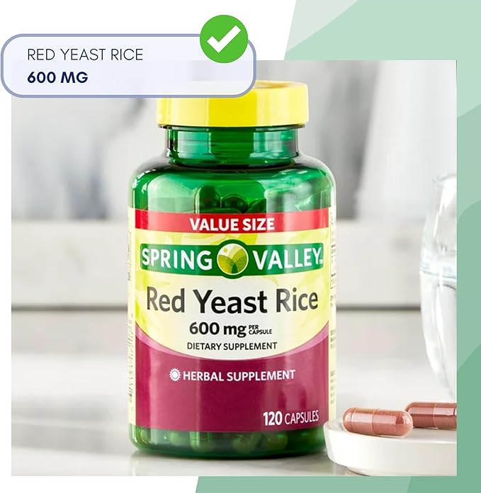 Spring Valley Red Rice Yeast 600mg, Red Yeast Rice Powder (Monascus purpureus), Dietary Supplement, Cholesterol, Gluten Free, Capsules for Adults 120 Count (Pack of 1)
