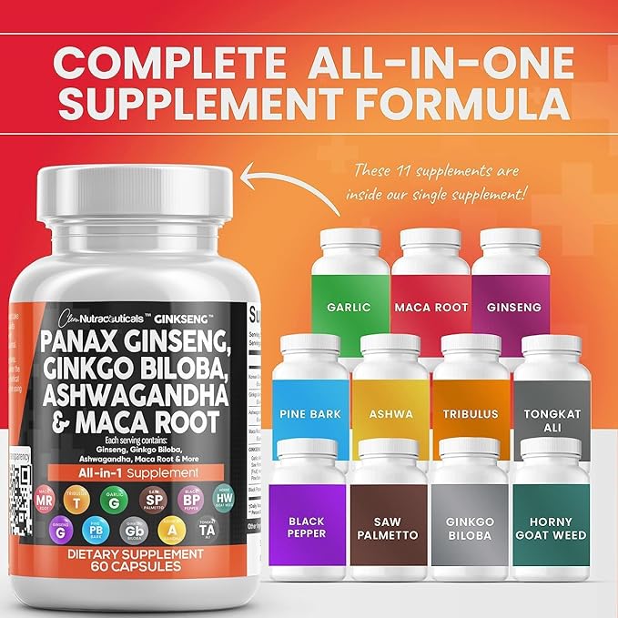 Clean Nutraceuticals Panax Ginseng 10000mg Ginkgo Biloba 4000mg Ashwagandha Maca Root 3000mg - Focus Supplement Pills for Women and Men with Pine Bark Extract, Garlic, and Saw Palmetto - 2Pack
