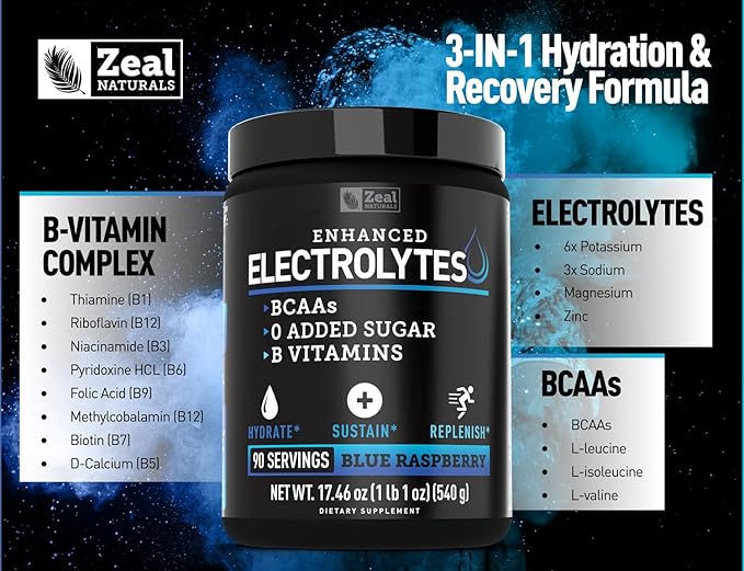 Enhanced Electrolyte Powder (Blue Raspberry | 90ct.) w/ 0 Sugar +BCAAs +B-Vitamins Electrolyte Supplement w Potassium Zinc & Magnesium for Hydration - Keto Electrolytes