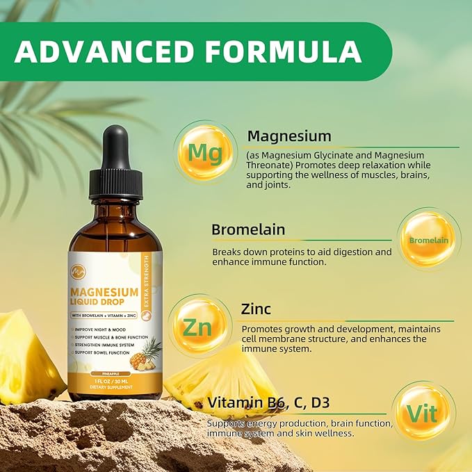 (2 Pack) M inch Magnesium Glycinate Liquid Drop, High Absorption Liquid Magnesium Complex with Bromelain, VitaminC,D3,B6 & Zinc, Threonate Supplement for Night, Mood, Muscle & Bone Support