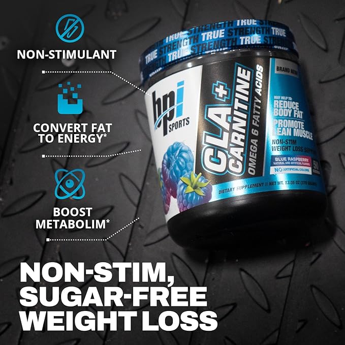 BPI Sports CLA + Carnitine – Conjugated Linoleic Acid – Weight Loss Formula – Metabolism, Performance, Lean Muscle – Caffeine Free – for Men & Women – Blue Raspberry – 50 Servings – 12.34 oz.