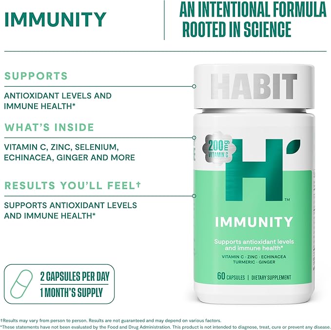 Habit Immunity Supplement 2 Pack (120 Capsules) - New Look, Echinacea, Elderberry, Turmeric, Zinc Blend to Support Immune Health and Antioxidant Levels, Vegan, Non-GMO