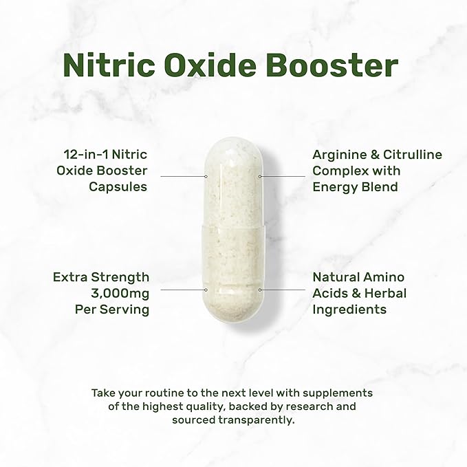 Nitric Oxide Booster 3,000mg Per Serving, 300 Capsules – 12 in 1 Nitric Oxide Supplement – Arginine & Citrulline Complex with Energy Blend – Marshmallow Root – Promotes Nutrient Flow to Muscles&Heart