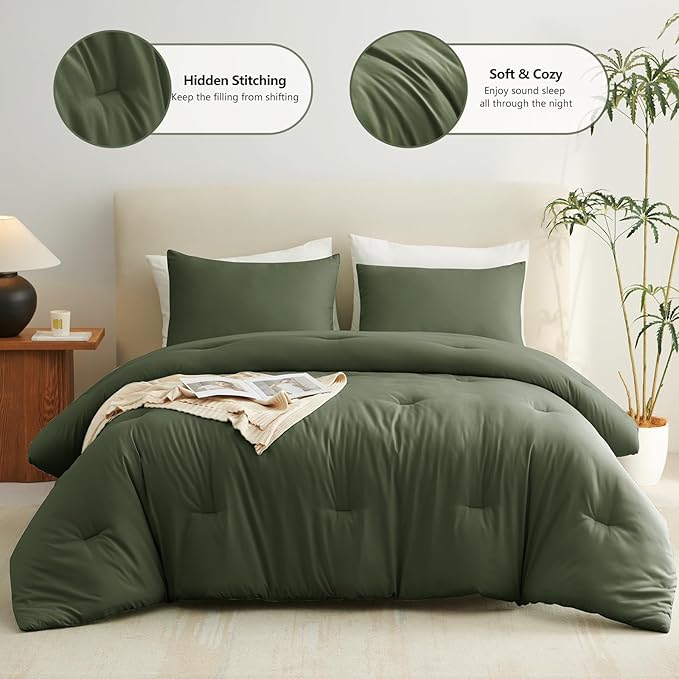 CozyLux Olive Green Comforter Set Full Size, 3 Pieces Solid Breathable Quilted Style Bedding Sets, Dark Olive Green Luxury Fluffy Soft Microfiber Comforter for All Season (1 Comforter & 2 Pillowcases)