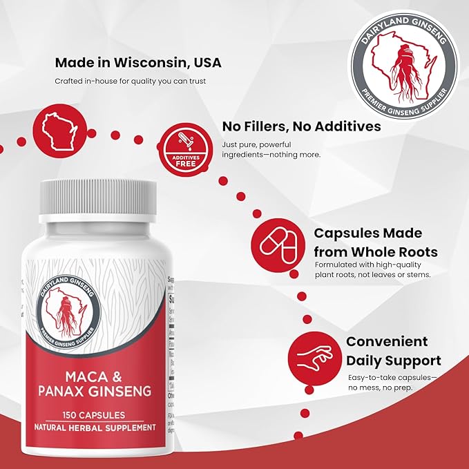 Maca Root Capsules + Korean Panax Ginseng - Concentrated Extract Black + Red + Yellow Maca Root, Panax Ginseng Capsules 150 ct
