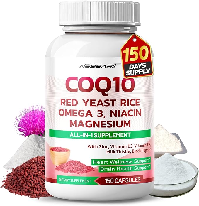 COQ10 + Red Yeast Rice Supplement - 10-in-1 Natural Blend with Omega 3 Vitamin B3, K2, D3, Zinc Milk Thistle Black Pepper - 150 Count - Made & Tested in The USA