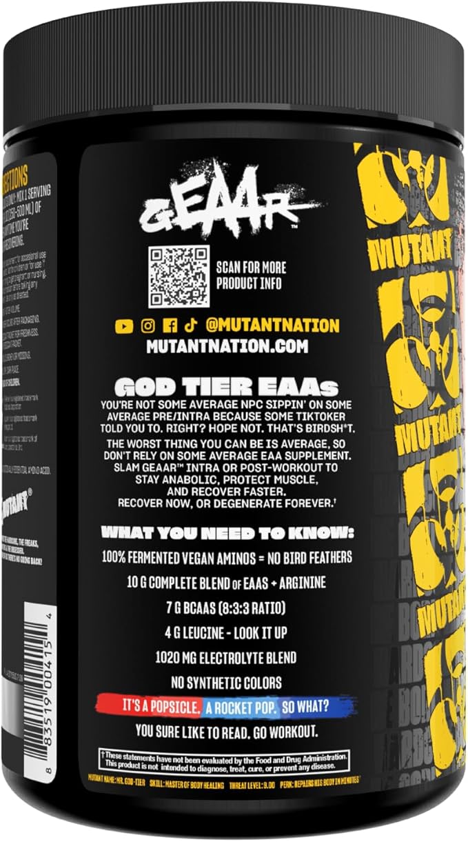 Mutant GEAAR - 9.4g of EAA Powder + Arginine, 7g BCAAs, 4g Leucine, Electrolytes, Coconut Water, No Artificial Colors or Flavors, Delicious Taste - 30 Servings - Rocket Pop - 400g