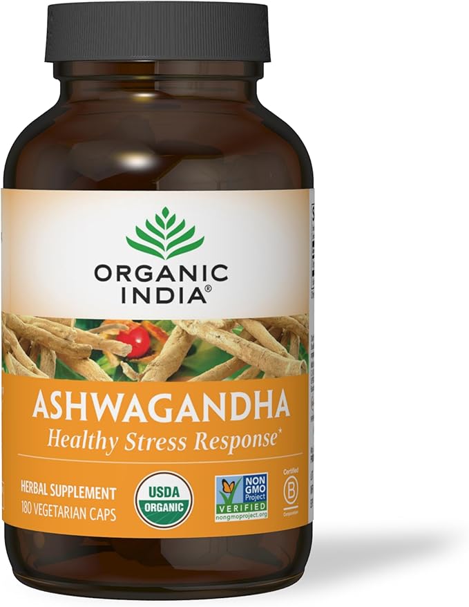 ORGANIC INDIA Ashwagandha Herbal Supplement - Stress Response Support, Vegan, Gluten-Free, Kosher, USDA Certified Organic, Non-GMO, Supports Mood, Endurance, Vitality & Strength - 180 Capsules