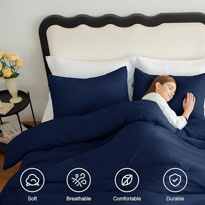 CozyLux Navy Blue Comforter Set Queen Size, 3 Pieces Solid Breathable Quilted Style Bedding Sets, Luxury Fluffy Soft Microfiber Comforter for All Season (1 Comforter & 2 Pillowcases)