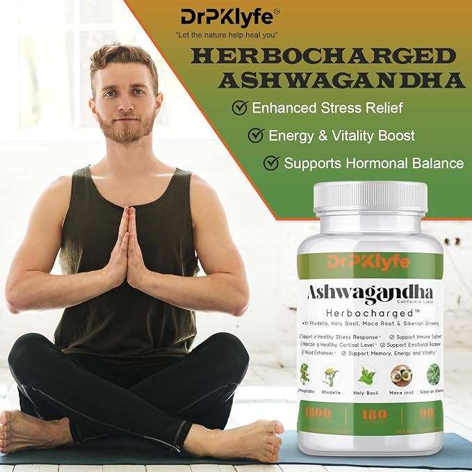 Ashwagandha Complex 5-1 Blend with Rhodiola Rosea Supplement, Maca Root, Holy Basil, Siberian Ginseng for Stress Relief, Focus, Sleep, Energy, Vitality - 180 Capsules