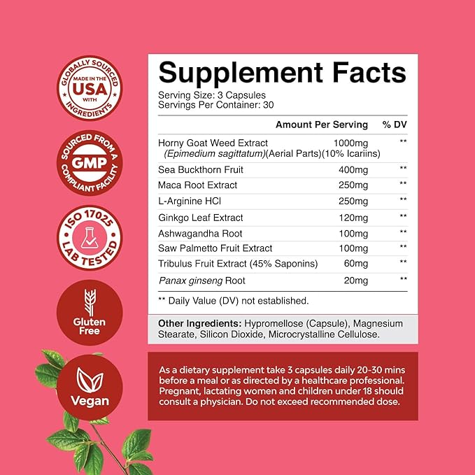 Horny Goat Weed for Women Complex - Invigorating Female Support Blend with Ashwagandha Panax Ginseng and Maca Root Capsules for Women for Helps Increase Drive Energy and Mood and Curb Dryness