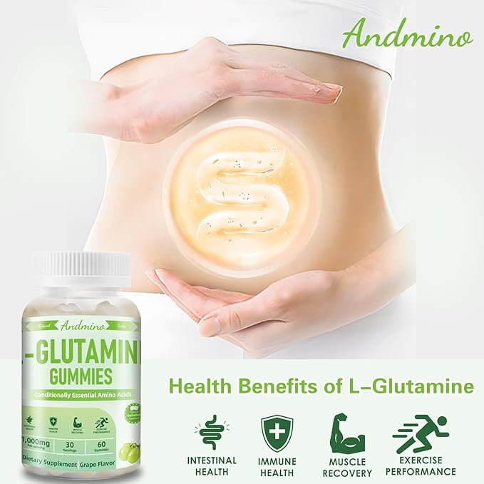 L-Glutamine Gummies 1000 mg, with Trehalose, L Glutamine Supplement Support Intestinal, Boost Immune & Muscle Health, for Adults & Kids, Non-GMO, Vegan, Gluten Free, Grape Flavor, 60
