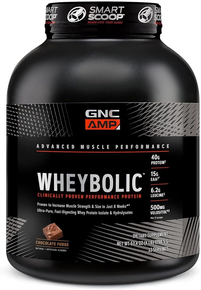 GNC AMP Wheybolic Clinically Proven Protein Powder, 40g Whey Protein, BCAA, Leucine, Increases Muscle Strength, Muscle Building, 3rd Party Tested, Gluten Free, Chocolate Fudge, 33 Servings