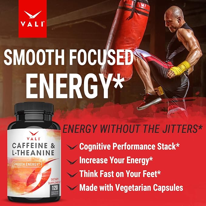 VALI Caffeine 50mg & L Theanine 100mg - Caffeine Pills & L-Theanine for Smart Smooth Energy & Focus Supplement. Nootropic Brain Booster Cognitive Support Stack & Focused Clarity. 120 Veggie Capsules