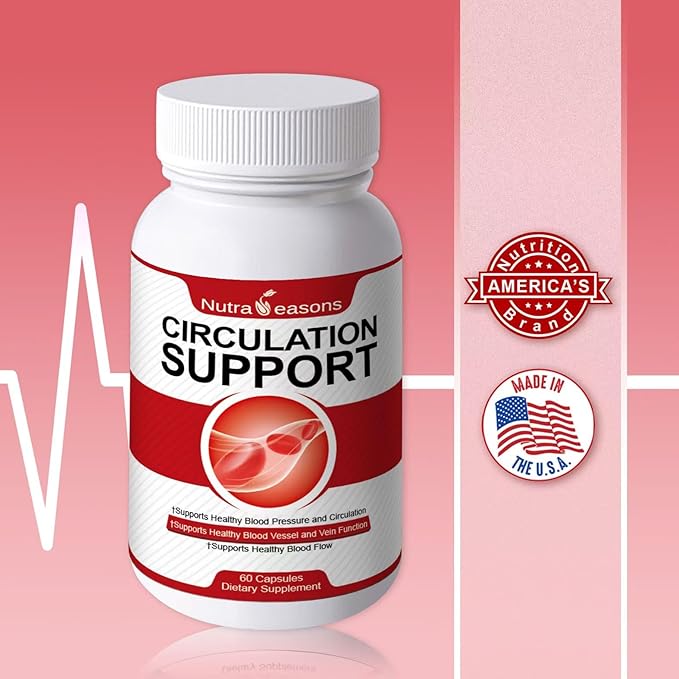 Circulation Support, 7-in-1 Blood Pressure Support w/VIT C, E, K2, Ginko Bilboa, Garlic, L-Arginine, Nattokinase, Energy, Heart Health, Muscle Growth, Healthy Veins & Vessels, 60 Count
