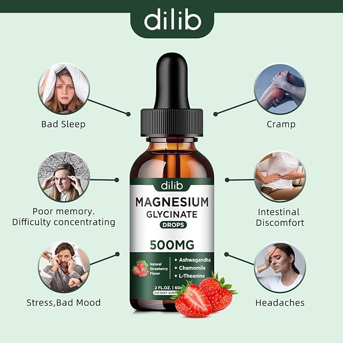 Magnesium Glycinate Supplement, Magnesium Liquid Drops with Magnesium Glycinate 500mg Ashwagandha, L - Theanine, Chamomile -Support Stress Relief, Bone, Muscle, Mood Strawberry Flavor 2Pack