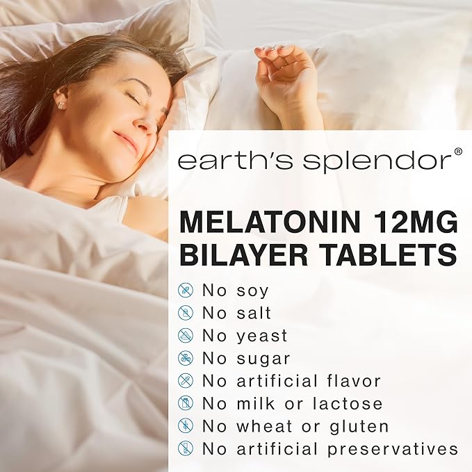 Earth's Splendor Melatonin 12 MG Bilayer Tablets, Sleep Aid Supplement, 60 Count - 2 Month Supply Melatonin