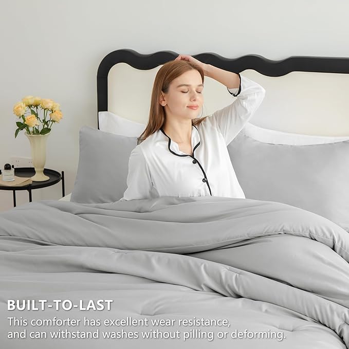 CozyLux Light Grey Comforter Set Full Size, 3 Pieces Solid Breathable Quilted Style Bedding Sets, Light Gray Luxury Fluffy Bed Set Soft Microfiber Comforter All Season (1 Comforter & 2 Pillowcases)
