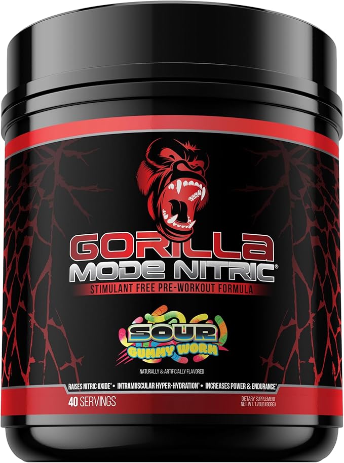 Gorilla Mode Nitric Upgraded Stimulant Free Pre-Workout – Best Tasting and Most Effective Stimulant Free Pre-Workout/Massive Pumps · Vasodilation · Power / 808 Grams (Sour Gummy Worms)