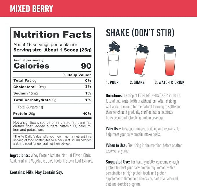 Isopure Clear Whey Isolate Protein Powder Infusions, Lactose Free, Gluten Free, Naturally Flavored, Mixed Berry, 20g Protein Per Serving, 14.1 Oz, 16 Servings