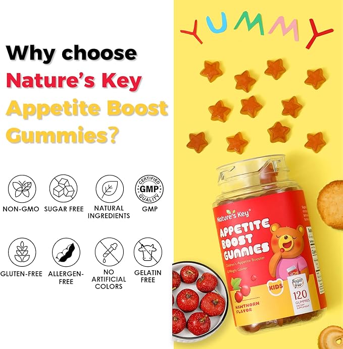 Nature's Key Appetite Booster Gummies - for Kids to Eat More, Support Appetite Stimulant and Weight Gainer -Hawthorn Flavor (120 Count, Pack of 1)